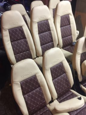 Bọc nệm da xe Ford transit 16 chỗ bọc da kem phối 5d nâu