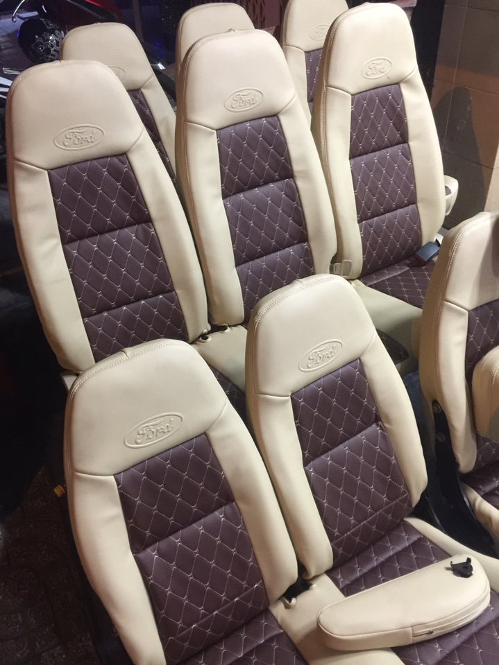 Bọc nệm da xe Ford transit 16 chỗ bọc da kem phối 5d nâu
